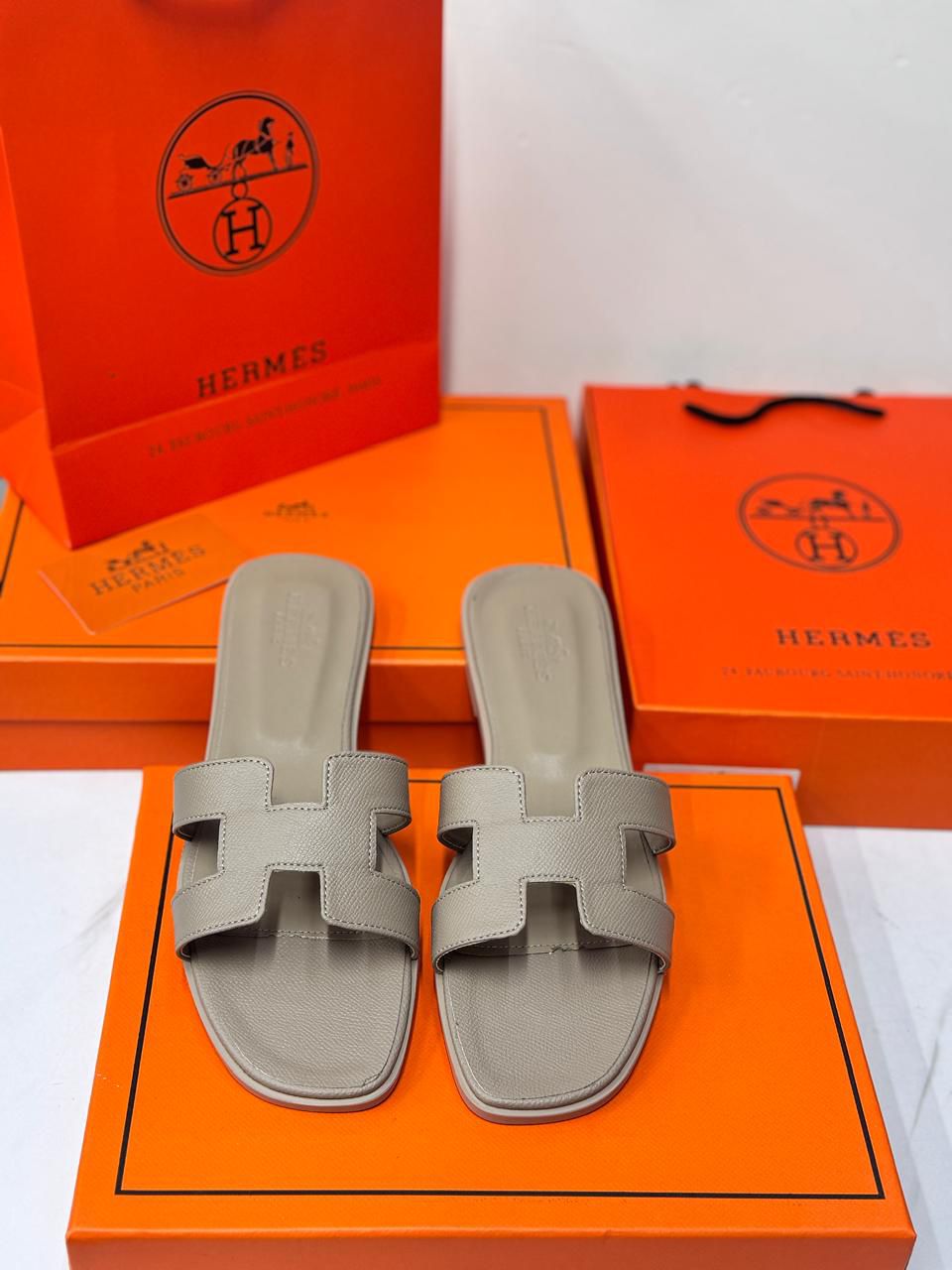 Authentic Hermès Oran Sandals – Rare Metallic Silver Epsom Leather