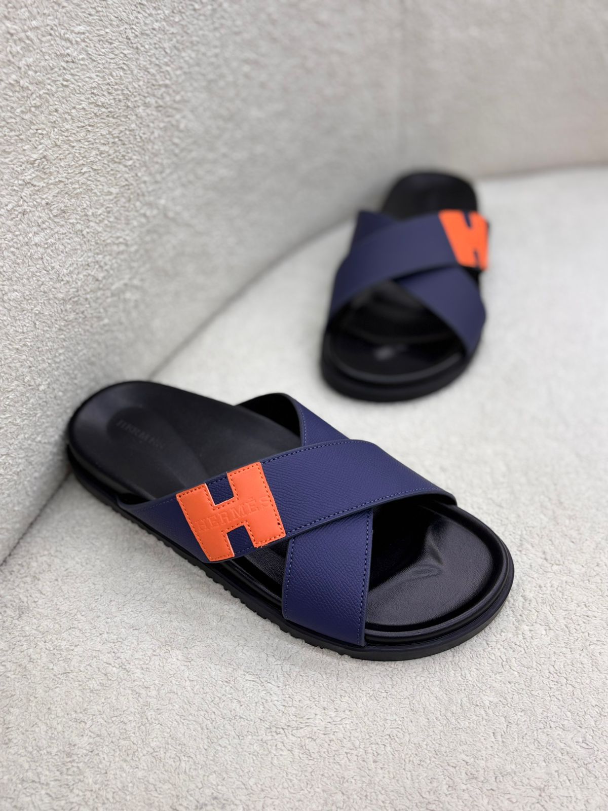 Hermès Crossover Sandal in Navy Blue and Signature Orange Leather