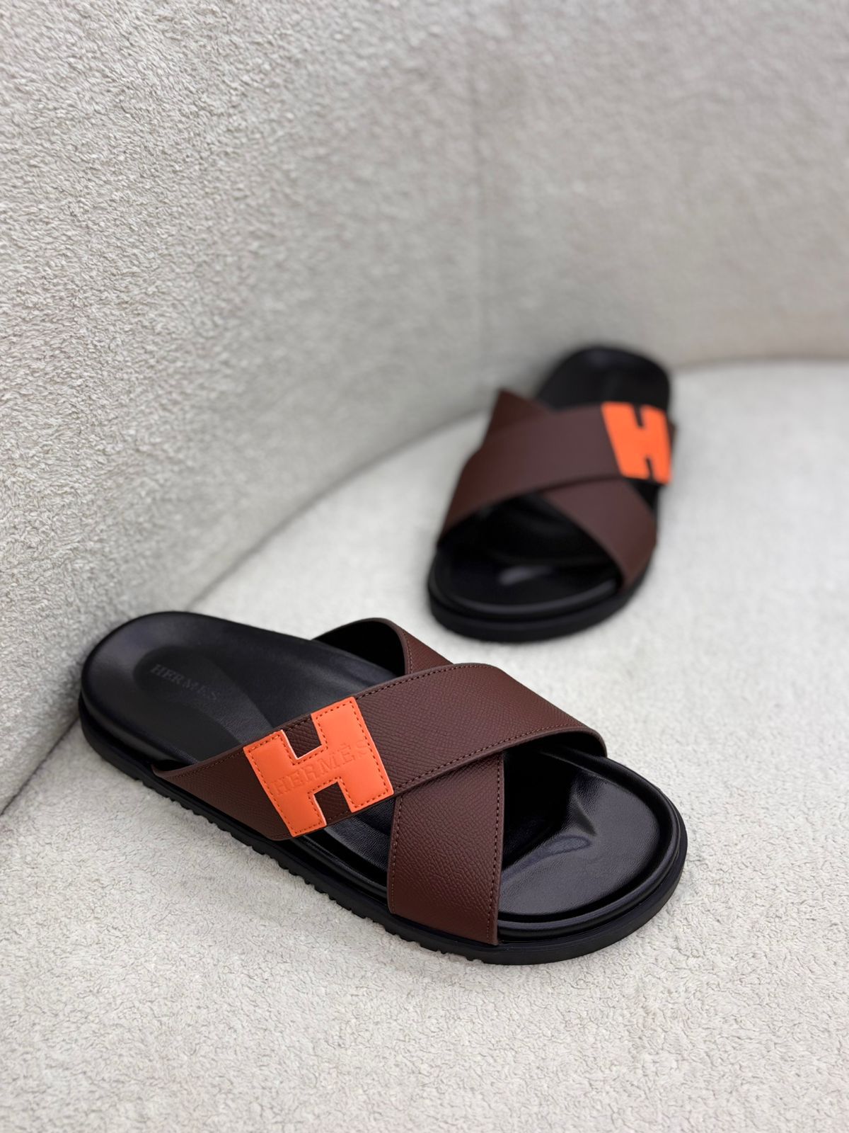 Hermès Crossover Sandal in Chocolate Brown and Signature Orange Leather