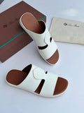 Loro Piana Leather Cutout Slide Sandals in Cream and Cognac