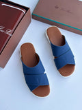Loro Piana Leather Crossover Slide Sandals in Denim Blue and Cognac