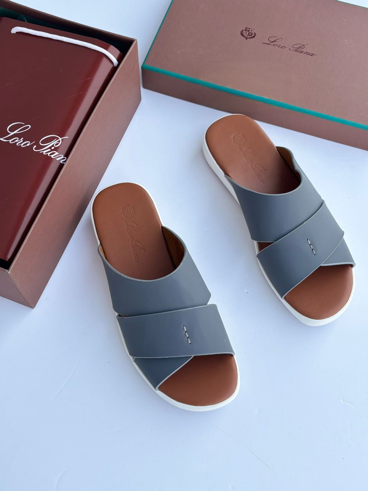 Loro Piana Leather Crossover Slide Sandals in Slate Grey and Cognac