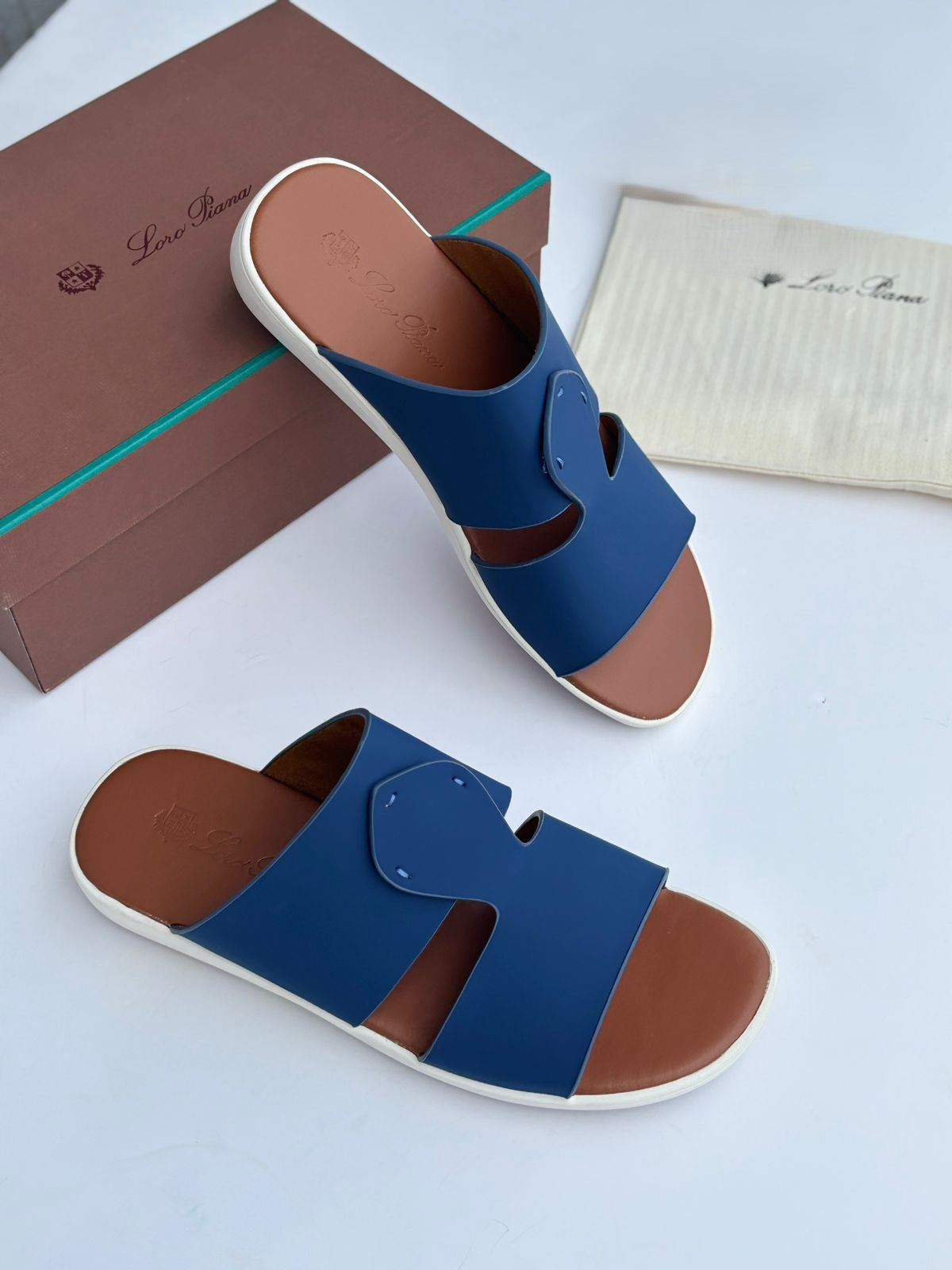 Loro Piana Leather Cutout Slide Sandals in Royal Blue and Cognac