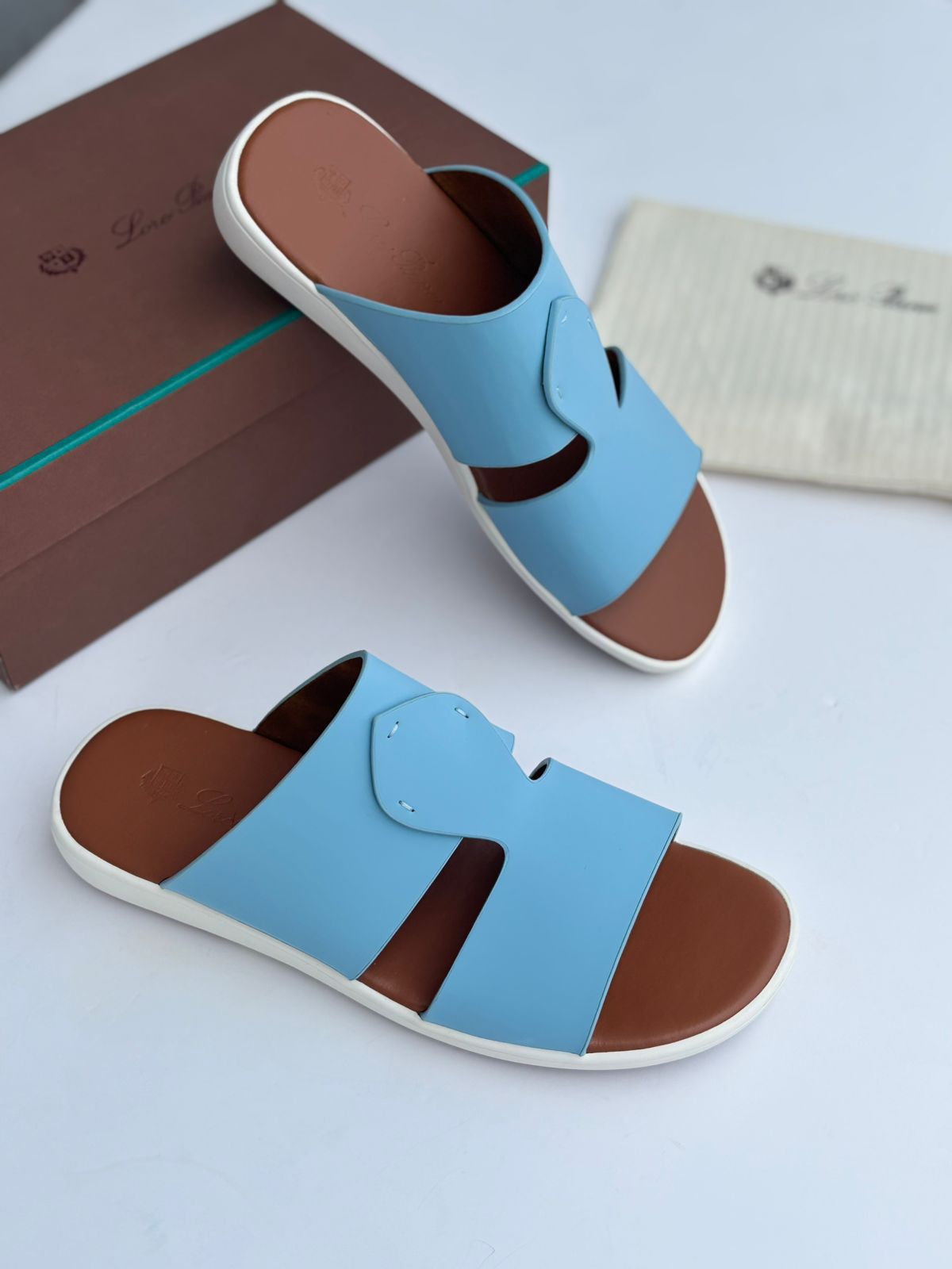 Loro Piana Leather Cutout Slide Sandals in Sky Blue and Cognac