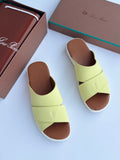 Loro Piana Crossover Leather Slides in Chartreuse / Chestnut / White