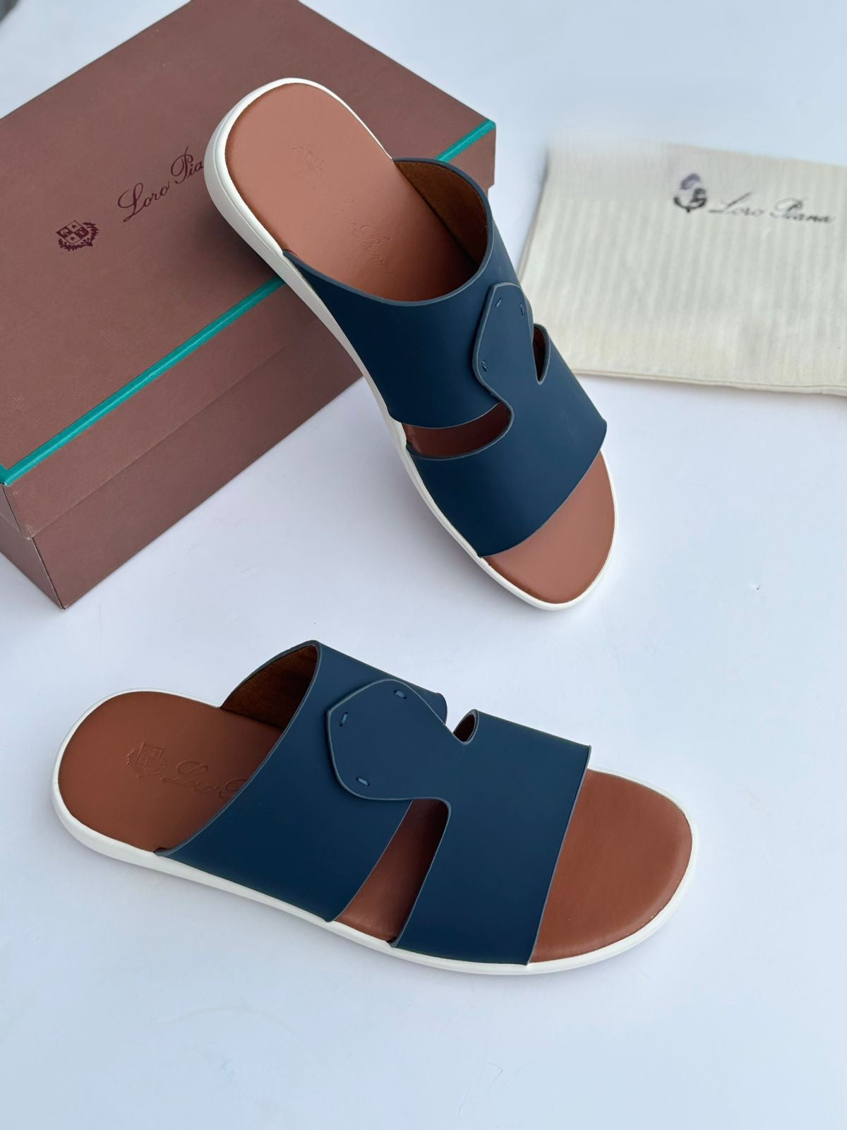 Loro Piana Leather Cutout Slide Sandals in Navy Blue and Cognac