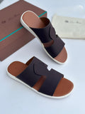 Loro Piana Leather Cutout Slide Sandals in Black and Cognac Brown