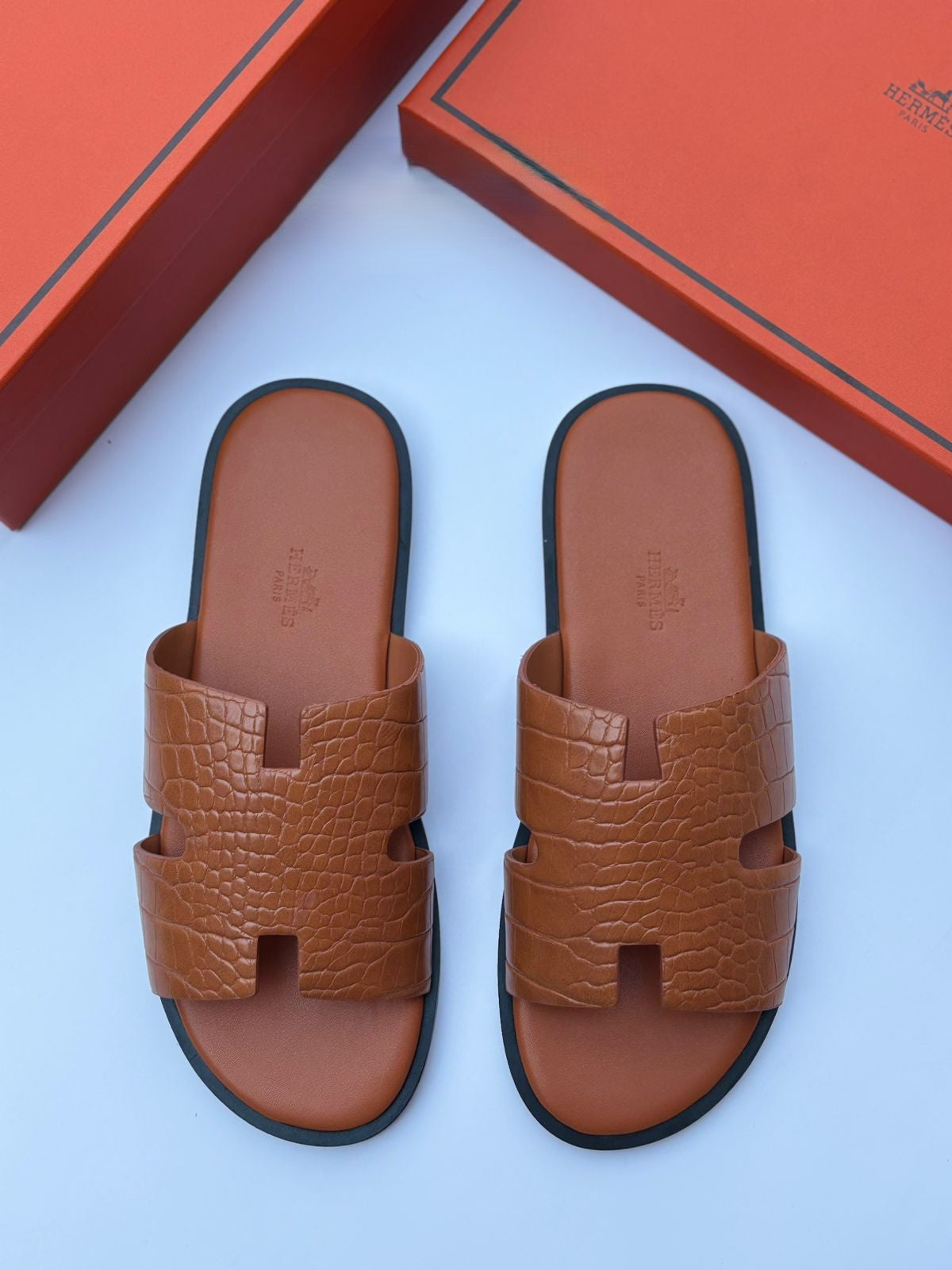 Hermès Chypre Sandal in Cognac Crocodile-Embossed Leather
