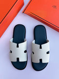 Hermès Chypre Sandal in Off-White Leather and Navy Blue