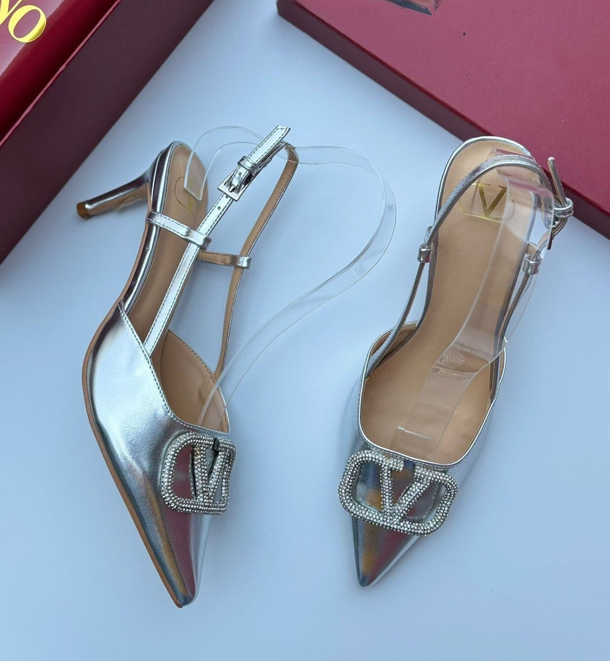 Valentino Garavani Crystal VLogo Slingbacks in Silver