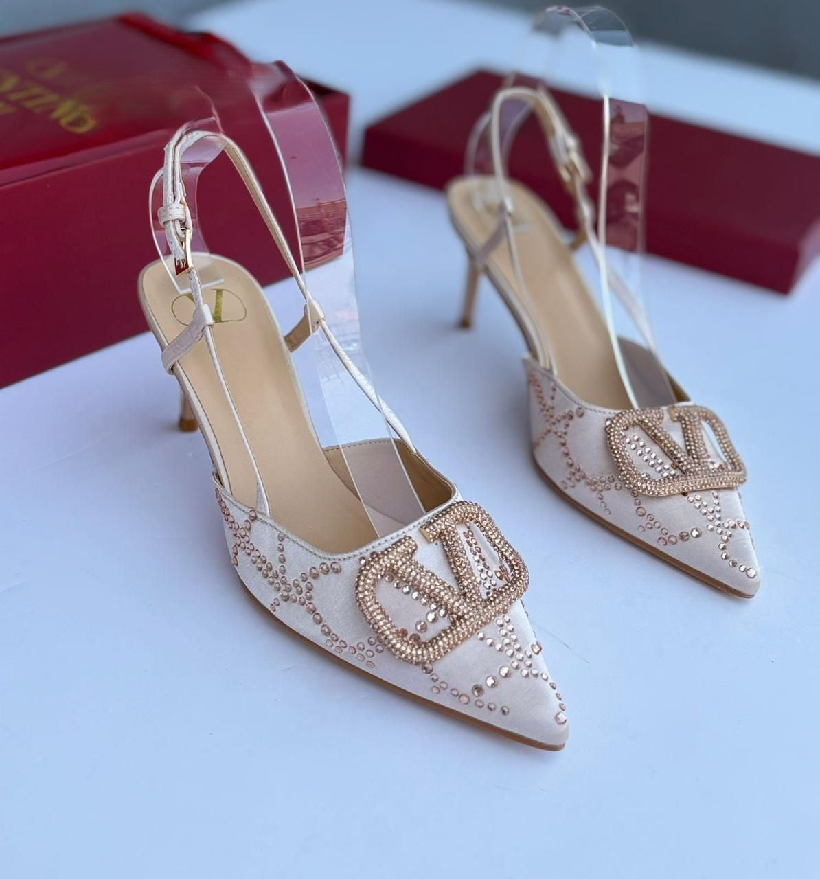 Valentino Garavani VLogo Crystal-Embellished Slingback Pumps – Nude Satin