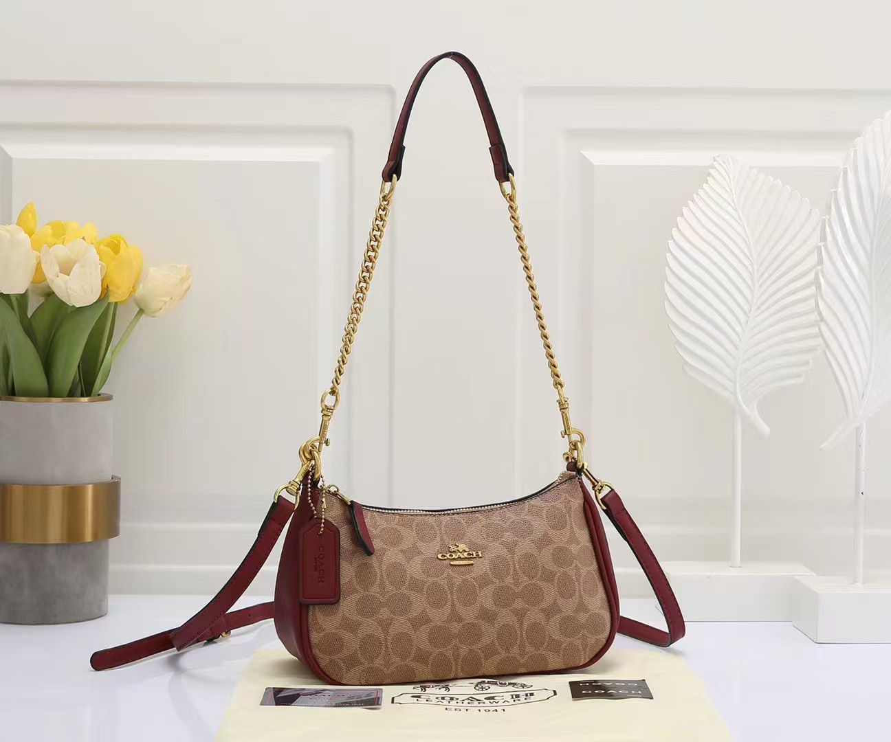 Coach Small Shoulder Bag – Khaki Signature Canvas & Burgundy Wine Leather