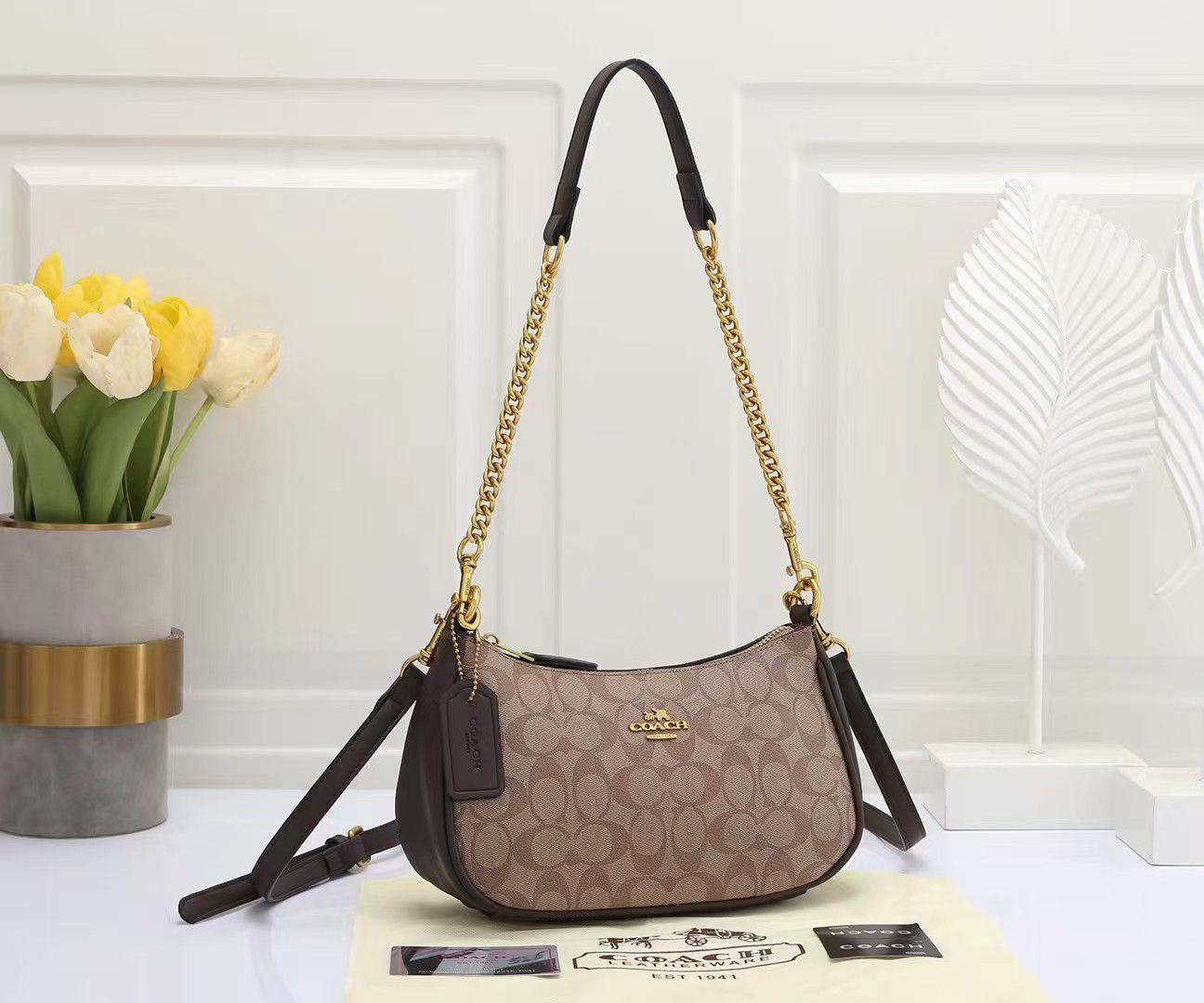 Coach Small Shoulder Bag – Light Brown Signature Canvas with Tan Leather Trim
