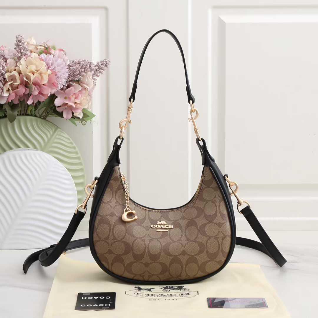 Coach Small Crescent Shoulder Bag – Khaki Signature Canvas & Black Leather