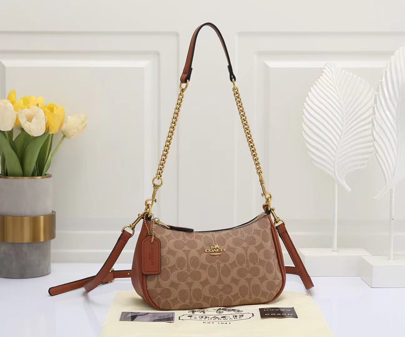 Coach Small Shoulder Bag – Khaki Signature Canvas & Rust Leather