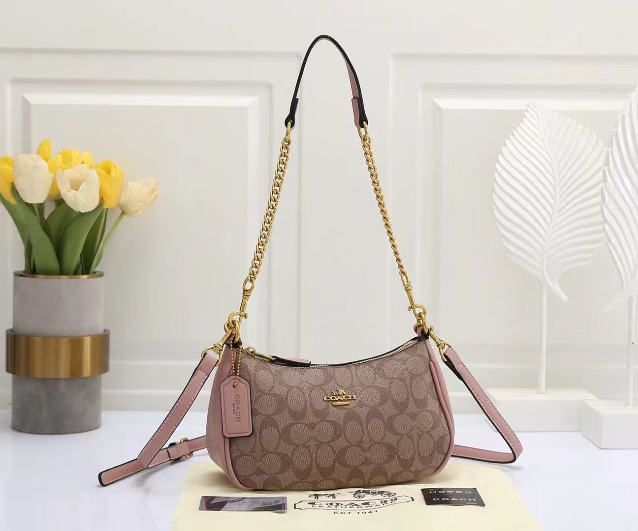 Coach Small Shoulder Bag – Khaki Signature Canvas & Blossom Pink Leather