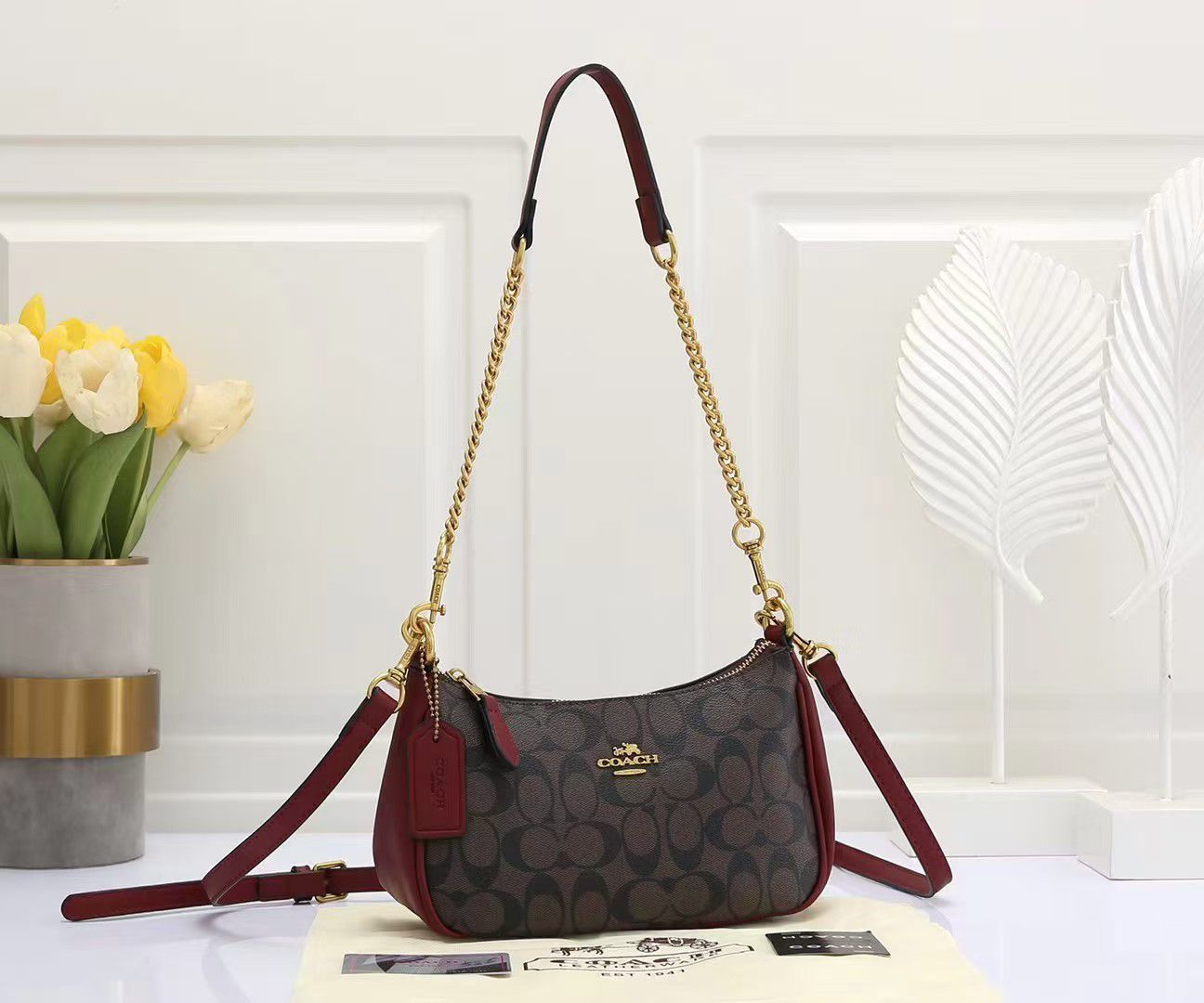 Coach Small Shoulder Bag – Dark Brown Signature Canvas & Wine Leather